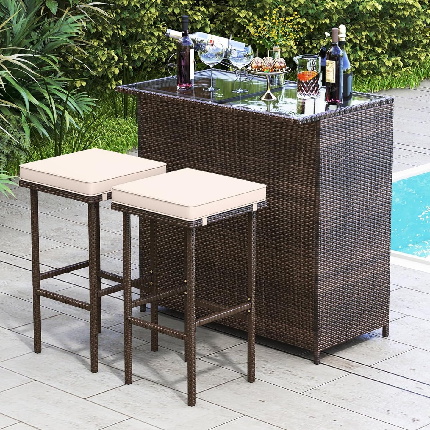 3 Piece Outdoor Rattan Bar Set with Glass Table Stools and Removable Cushions
