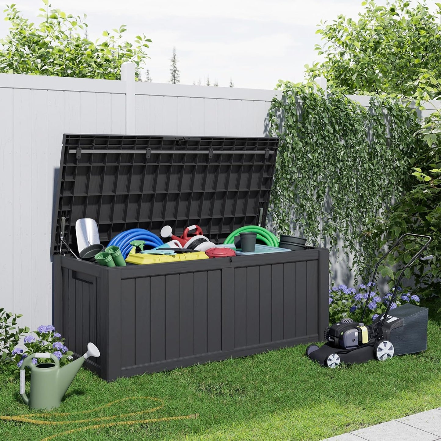 100 Gallon Resin Deck Box Lockable Waterproof Outdoor Storage Black
