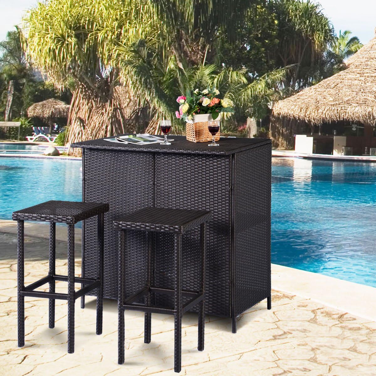 3 Piece Outdoor Rattan Bar Set with Glass Table Stools and Removable Cushions