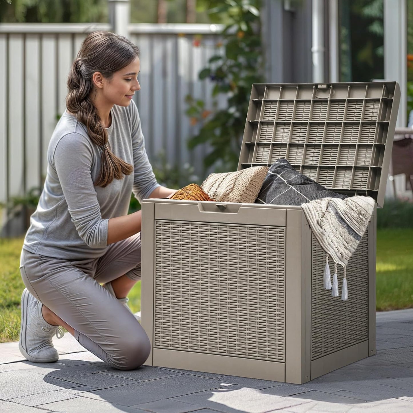100 Gallon Resin Deck Box Weather Resistant Lockable Outdoor Storage Taupe