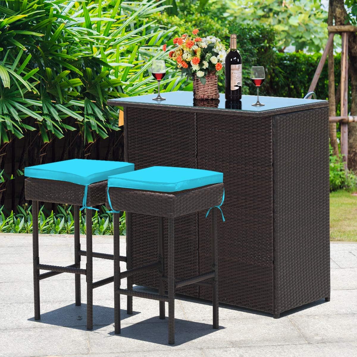 3 Piece Outdoor Rattan Bar Set with Glass Table Stools and Removable Cushions