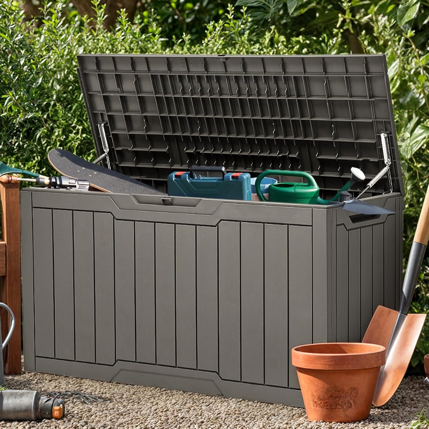 100 Gallon Resin Deck Box Weather Resistant Lockable Outdoor Storage Taupe