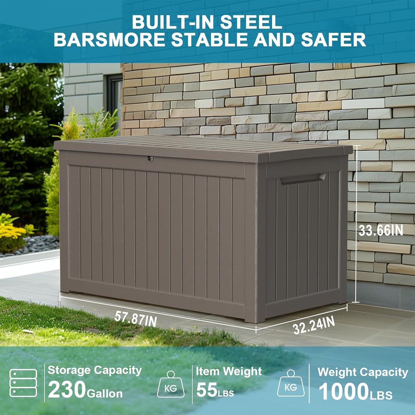 100 Gallon Resin Deck Box Lockable Waterproof Outdoor Storage Black