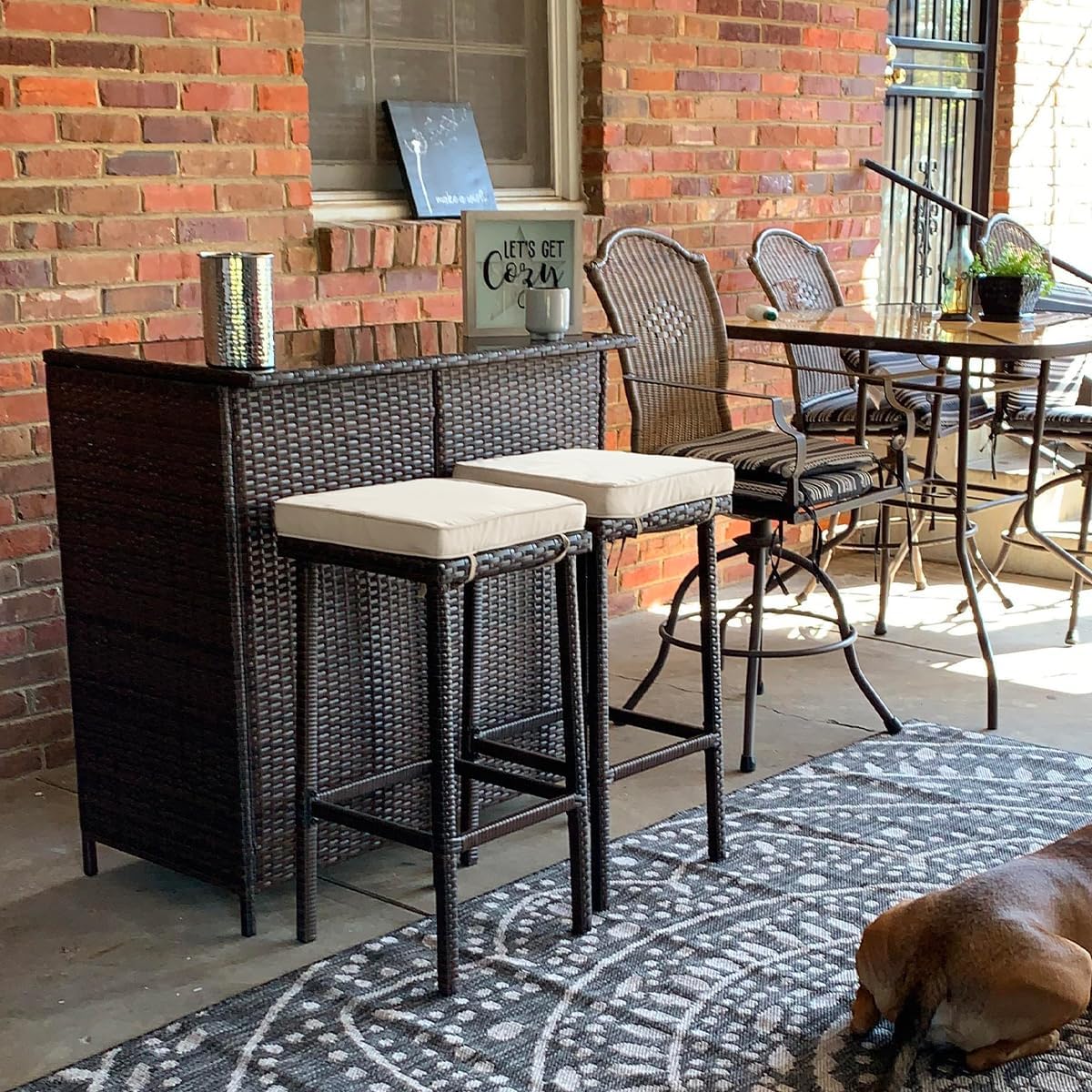 3 Piece Outdoor Wicker Bar Set with Glass Table Stools and Cushions Brown