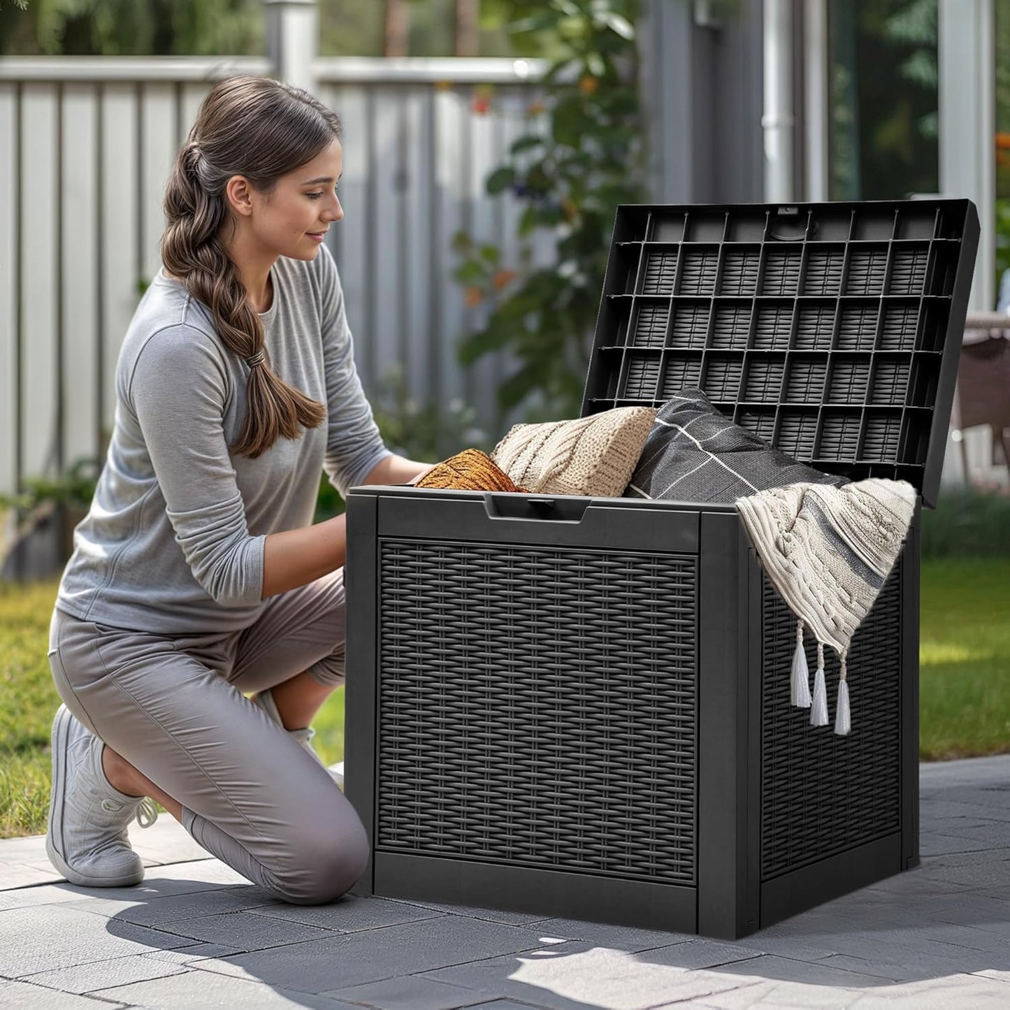 100 Gallon Resin Deck Box Weather Resistant Lockable Outdoor Storage Taupe