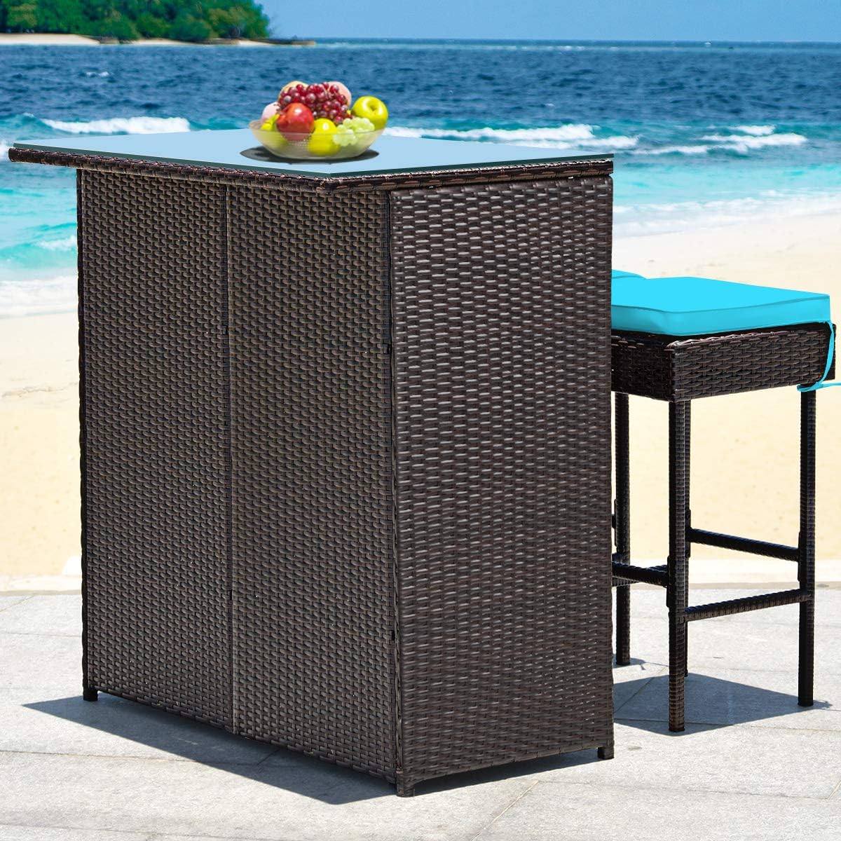 3 Piece Outdoor Rattan Bar Set with Glass Table Stools and Removable Cushions