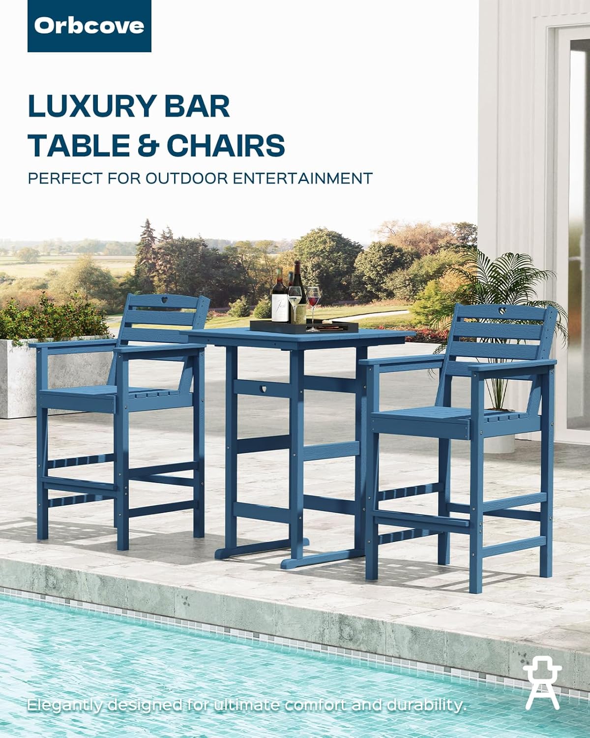 3 Piece Bar Height Patio Table and Chairs Set Weather Resistant HDPE Navy