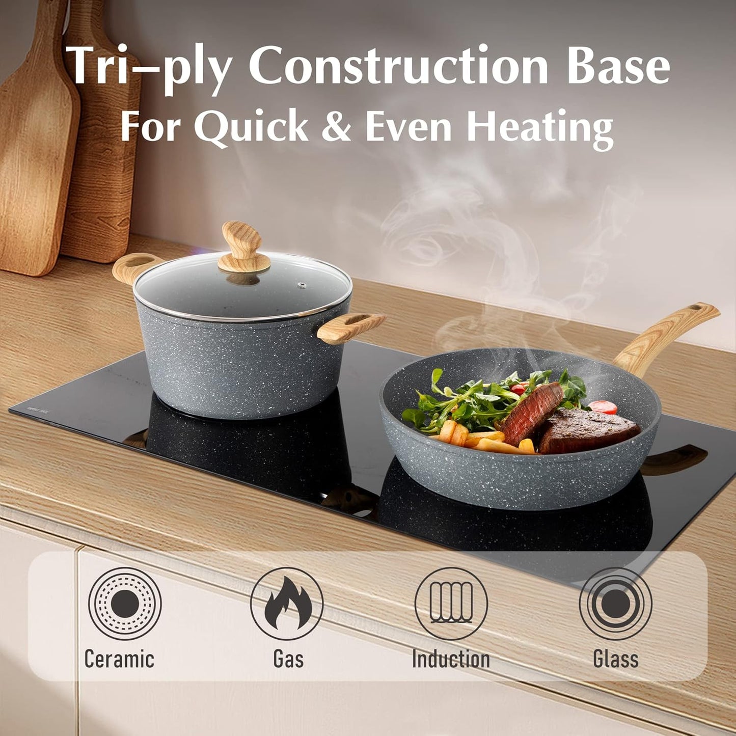 12 Piece Green Granite Nonstick Pots and Pans Set Induction Compatible Cookware