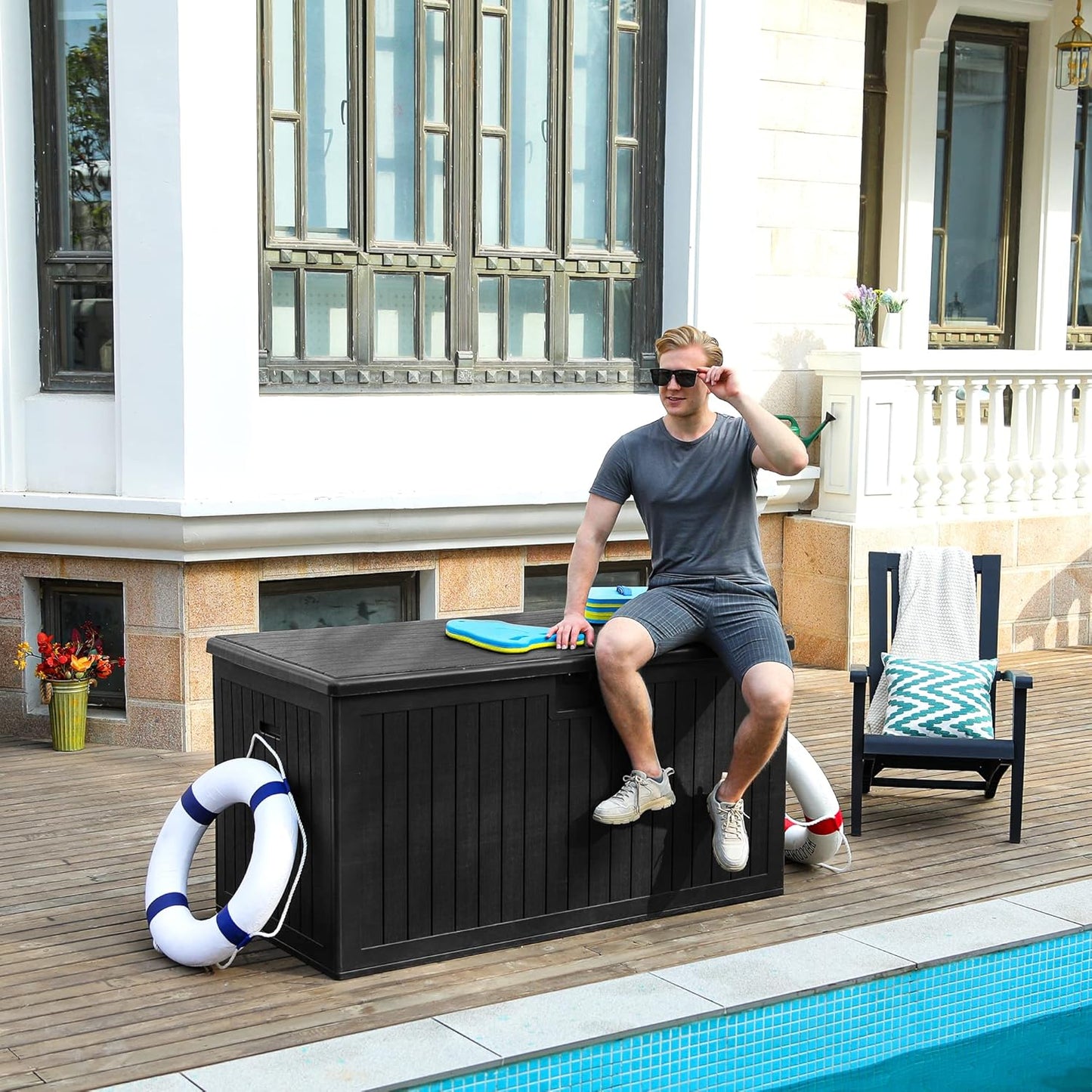 100 Gallon Resin Deck Box Weather Resistant Lockable Outdoor Storage Taupe