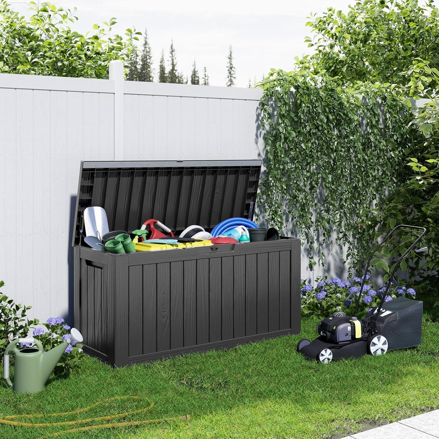 100 Gallon Resin Deck Box Lockable Waterproof Outdoor Storage Black