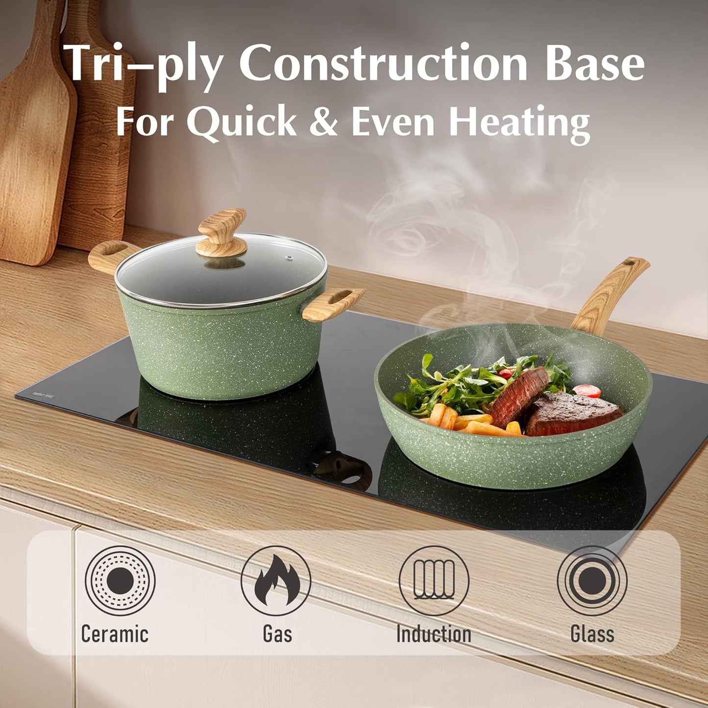 12 Piece Green Granite Nonstick Pots and Pans Set Induction Compatible Cookware