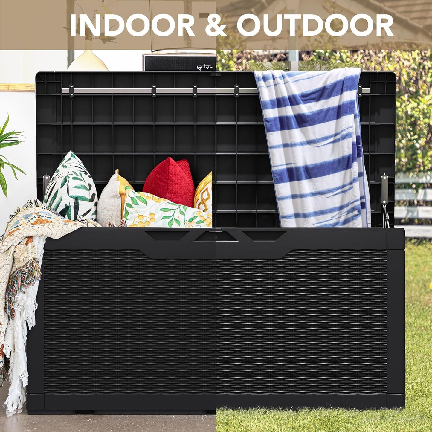 100 Gallon Large Resin Deck Box Waterproof Lockable Outdoor Storage Black