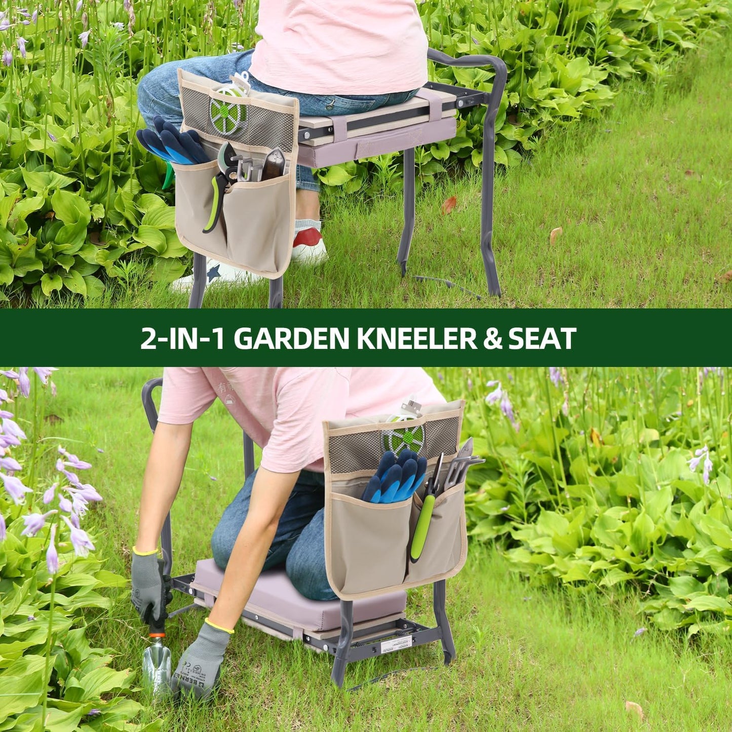 Foldable Heavy Duty Garden Kneeler and Seat with EVA Pad and Tool Pouches
