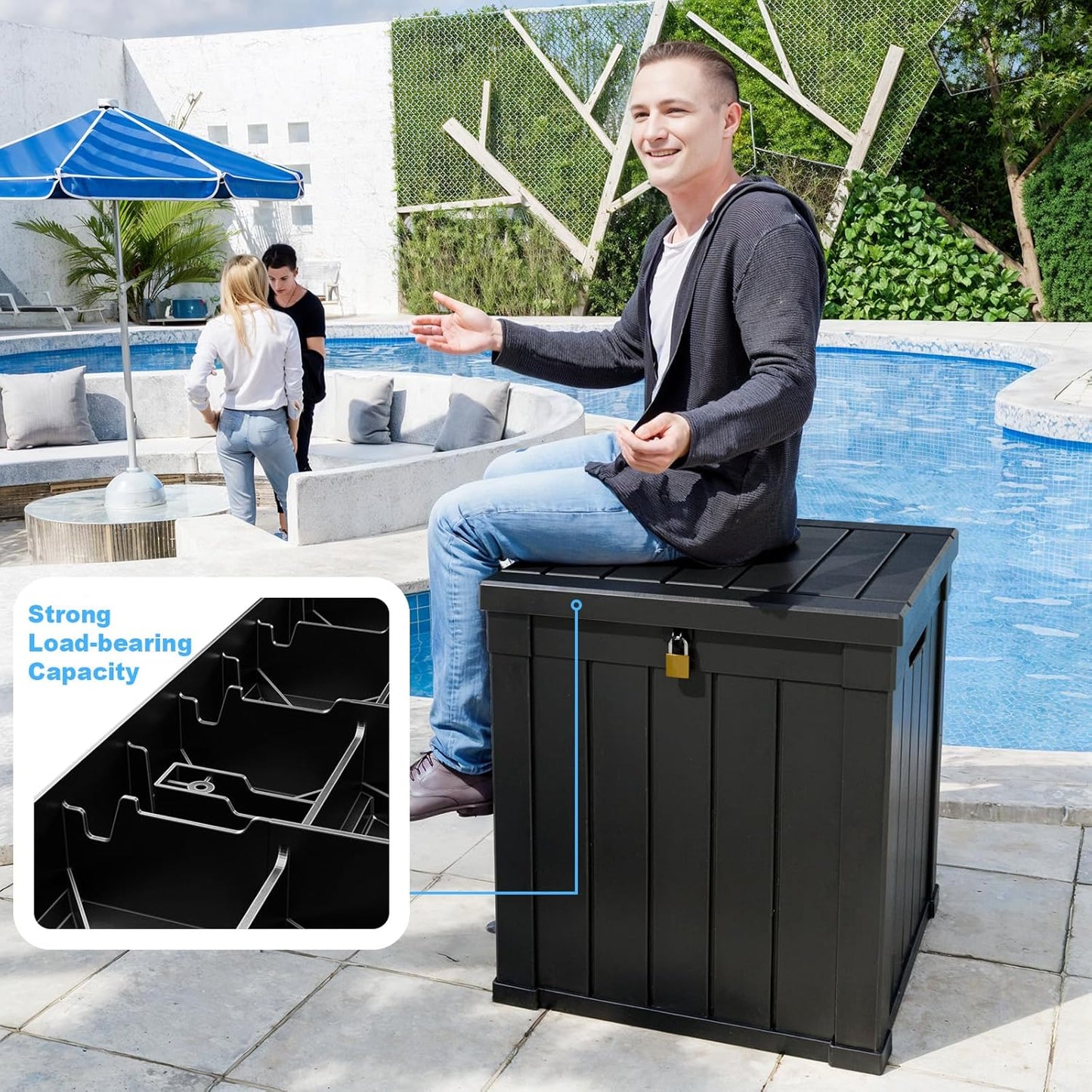 100 Gallon Resin Deck Box Lockable Waterproof Outdoor Storage Black