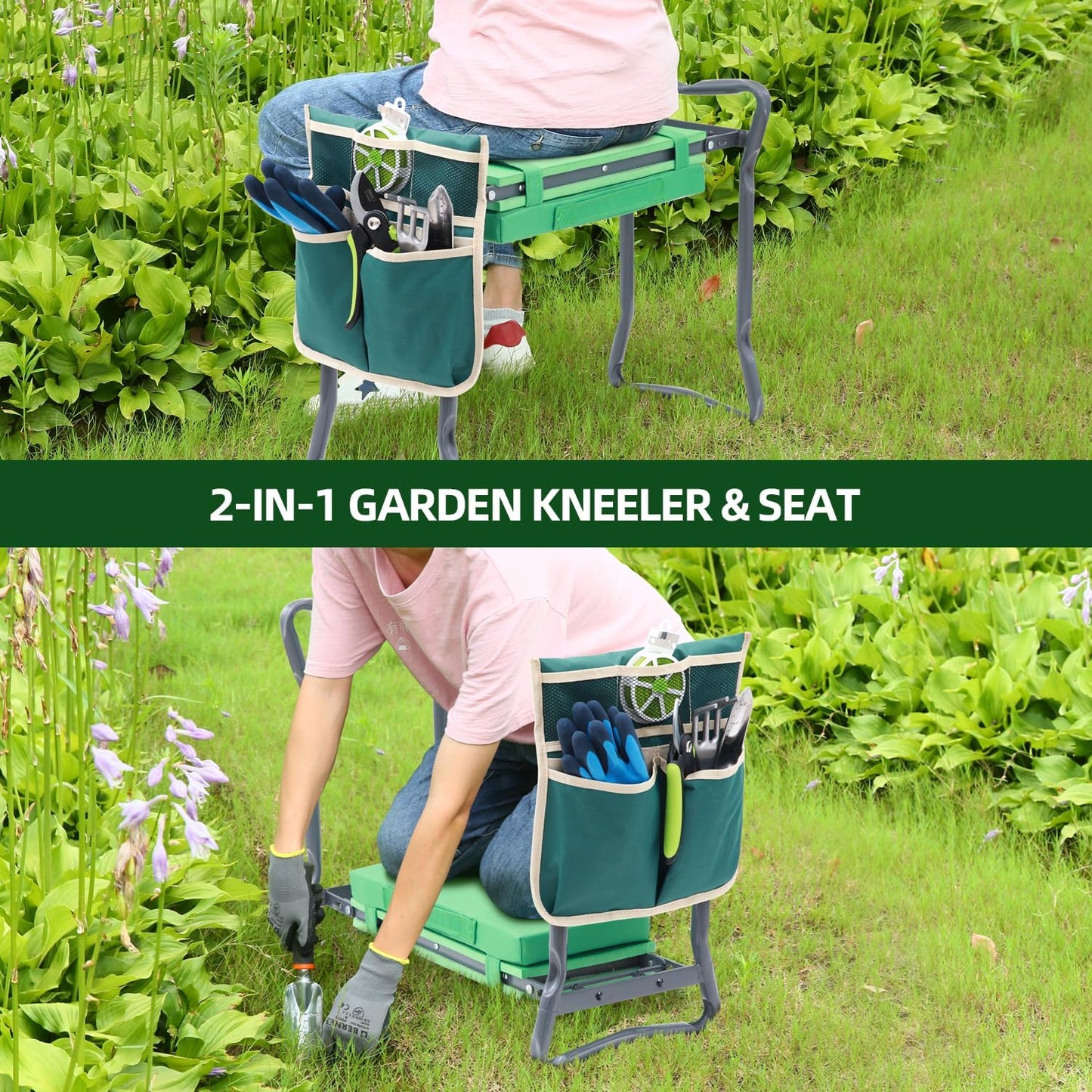 Foldable Heavy Duty Garden Kneeler and Seat with EVA Pad and Tool Pouches