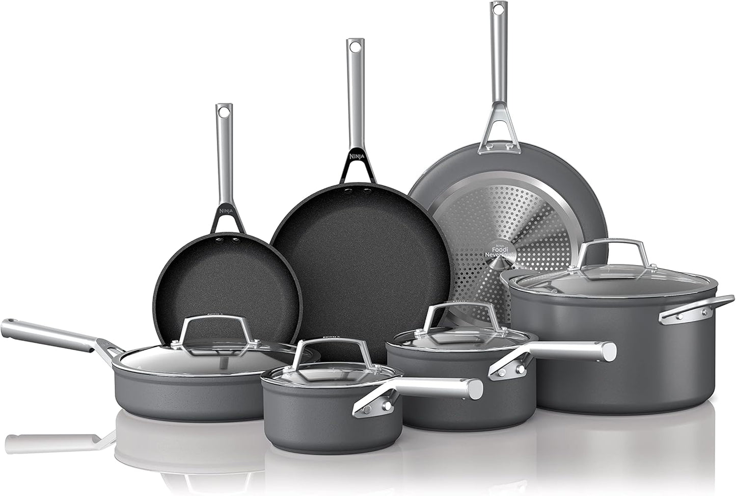 13 Piece Foodi NeverStick Hard Anodized Nonstick Cookware Set Oven Safe Grey