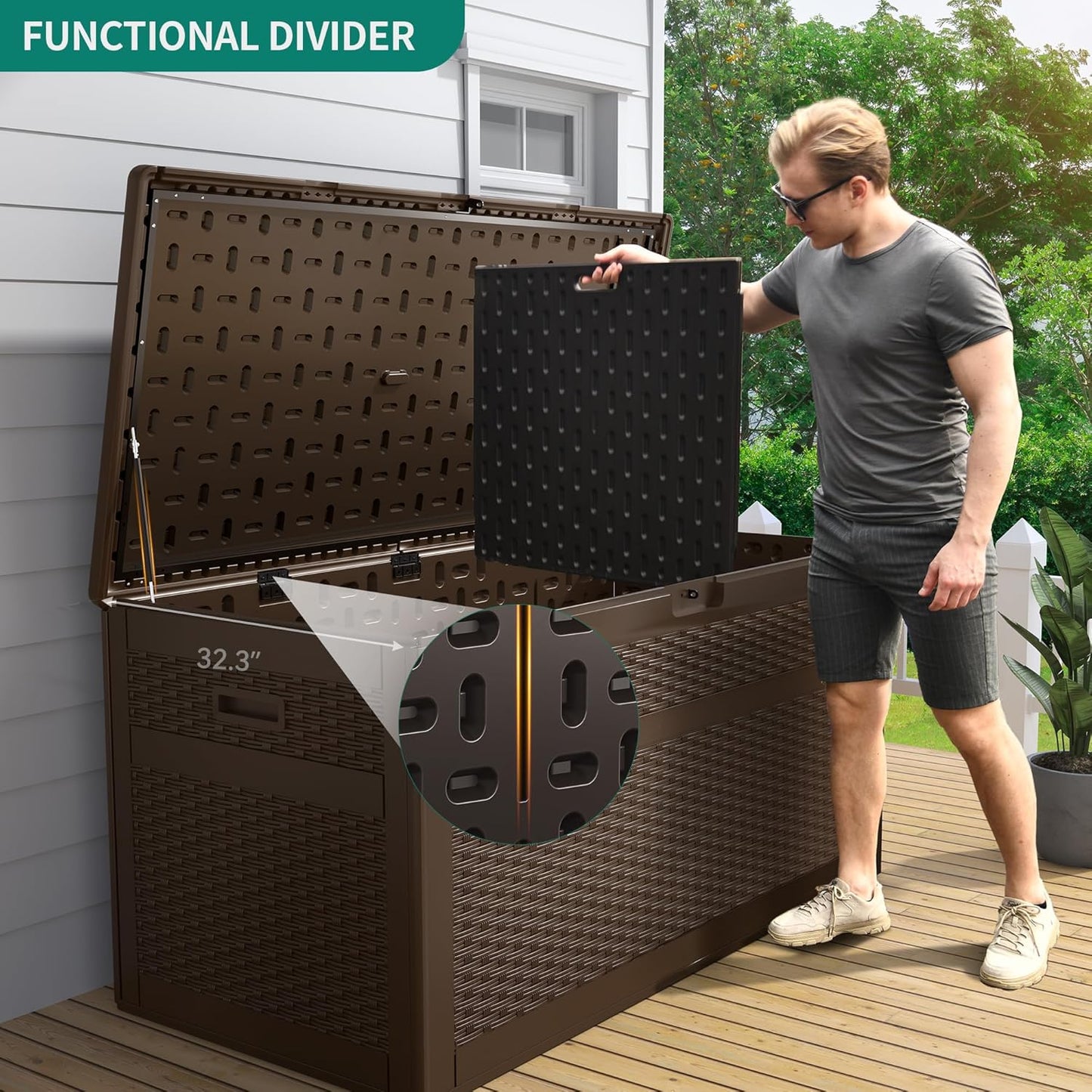 100 Gallon Resin Deck Box Weather Resistant Lockable Outdoor Storage Taupe