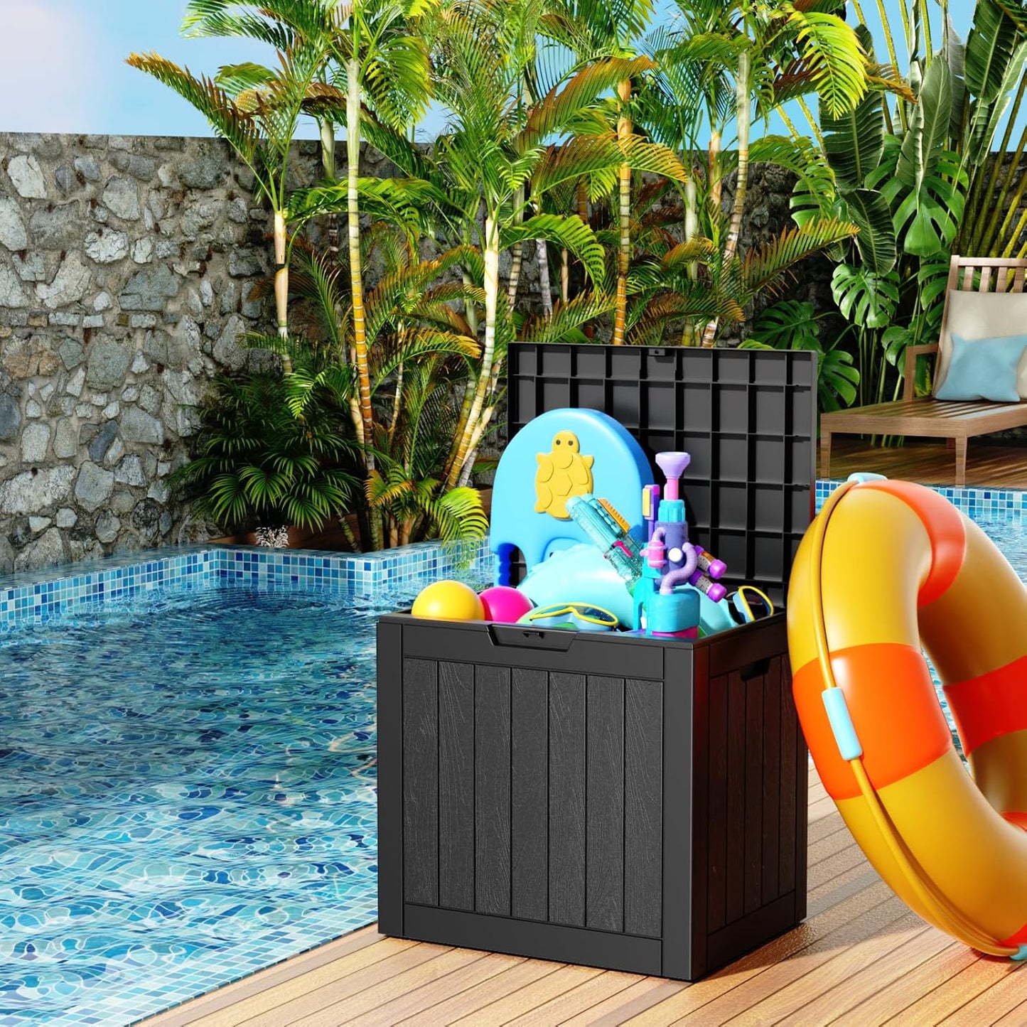 100 Gallon Resin Deck Box Lockable Waterproof Outdoor Storage Black