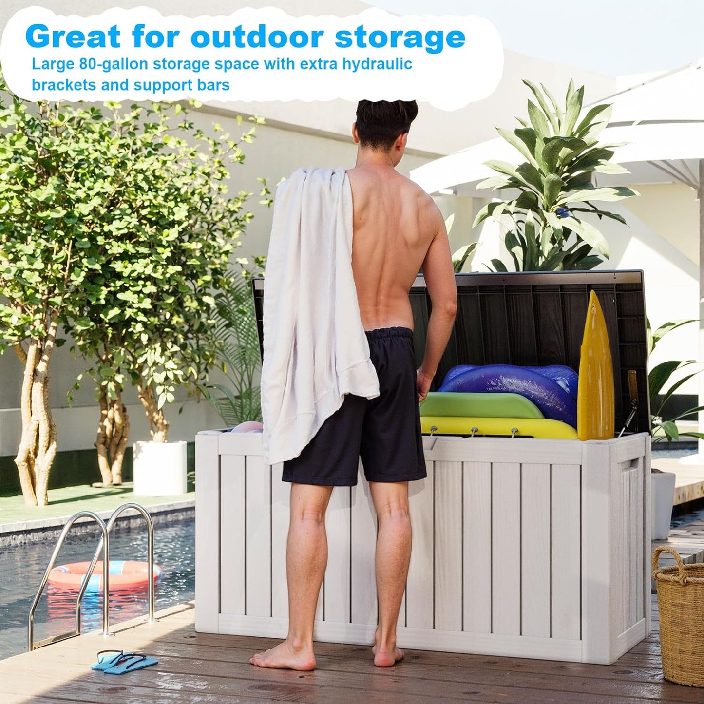 100 Gallon Resin Deck Box Lockable Waterproof Outdoor Storage Black