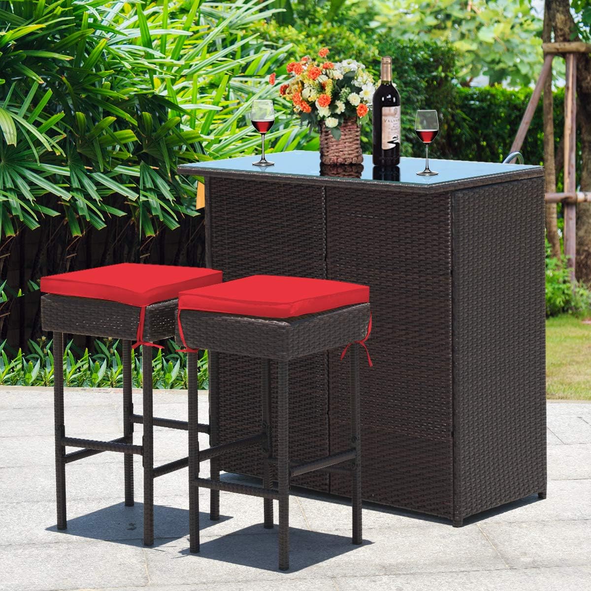 3 Piece Outdoor Rattan Bar Set with Glass Table Stools and Removable Cushions