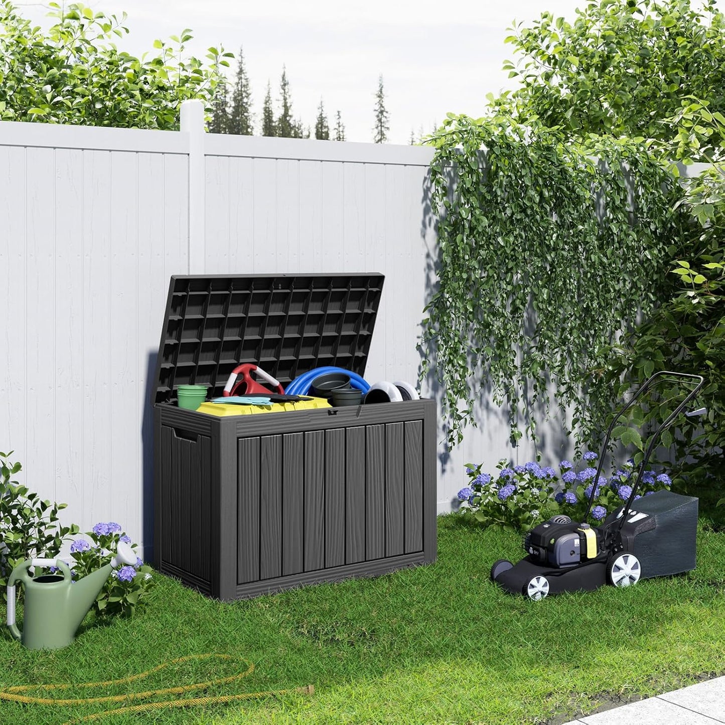 100 Gallon Resin Deck Box Lockable Waterproof Outdoor Storage Black