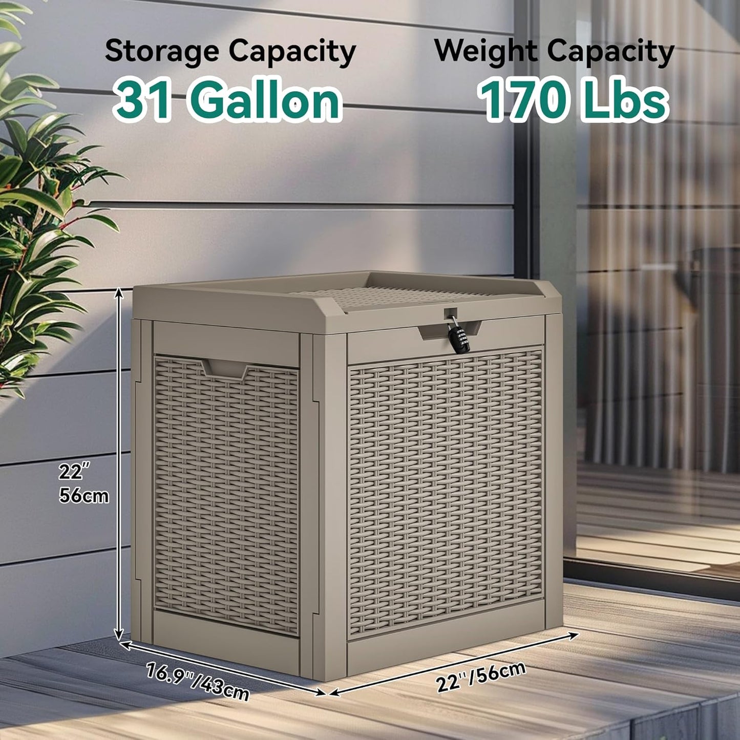 100 Gallon Resin Deck Box Weather Resistant Lockable Outdoor Storage Taupe