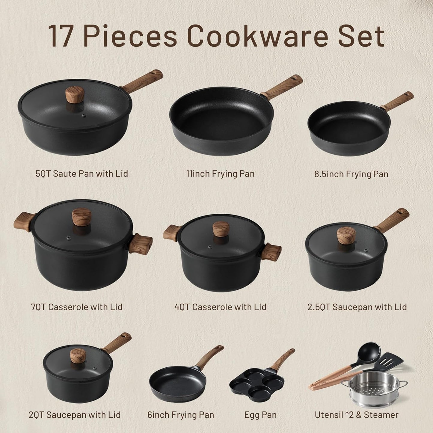 16 Piece Nonstick Pots and Pans Set Induction Compatible Kitchen Cookware