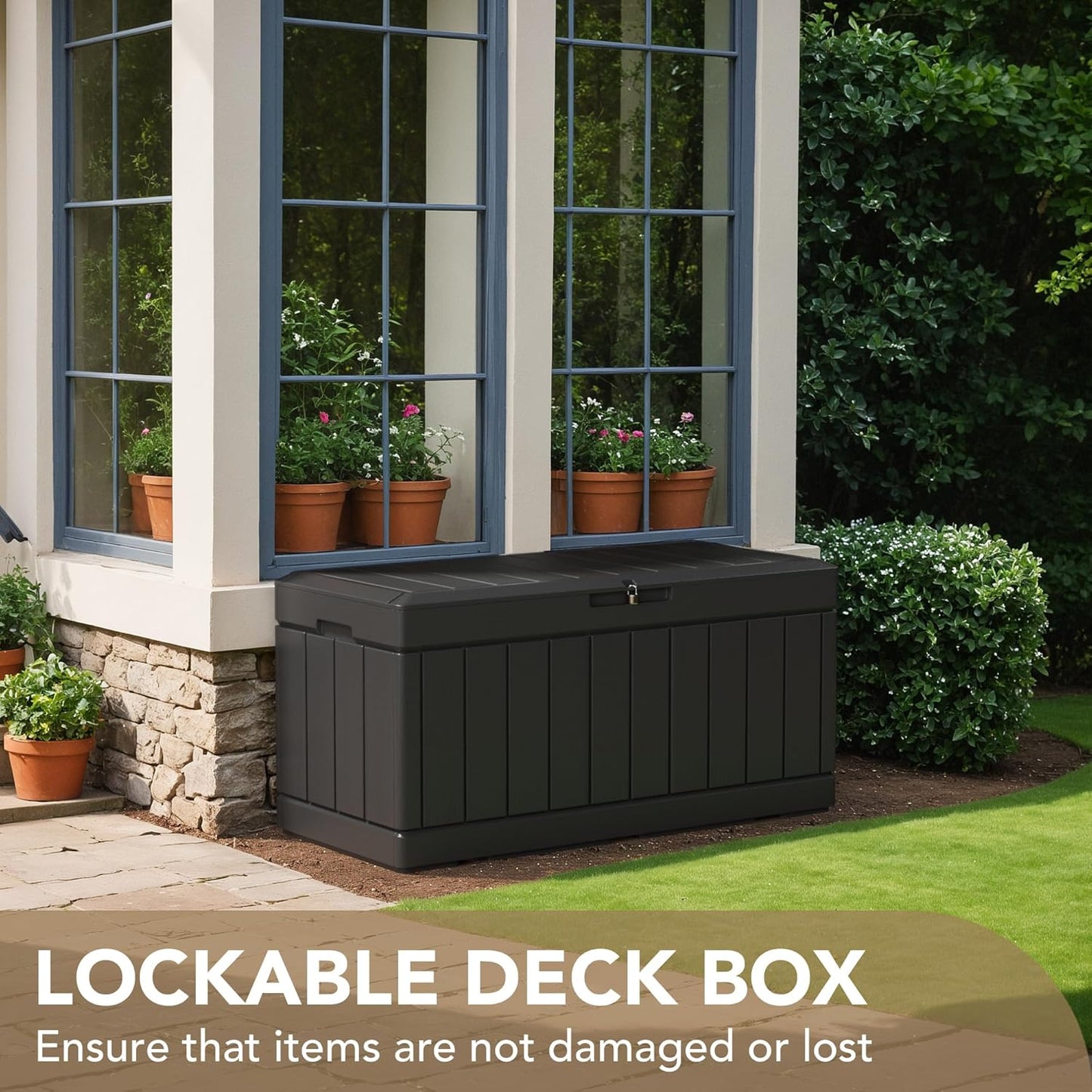 100 Gallon Large Resin Deck Box Waterproof Lockable Outdoor Storage Black