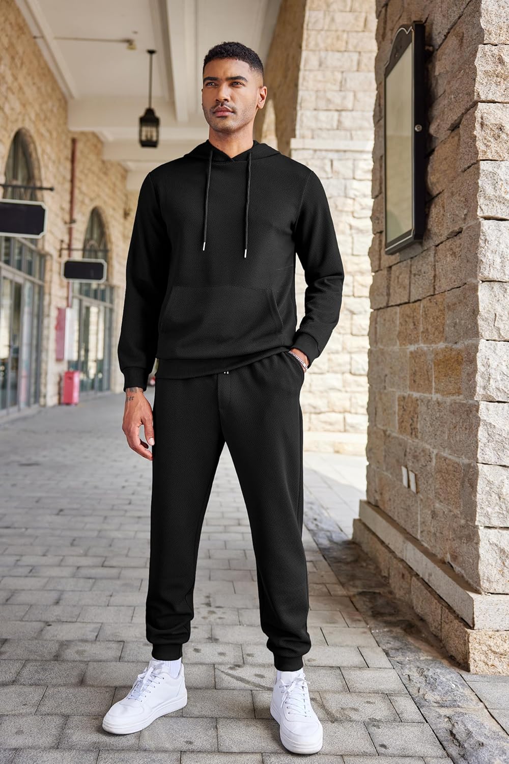 Men's Tracksuits 2 Pieces Waffle Hoodies Jogging Suit Set