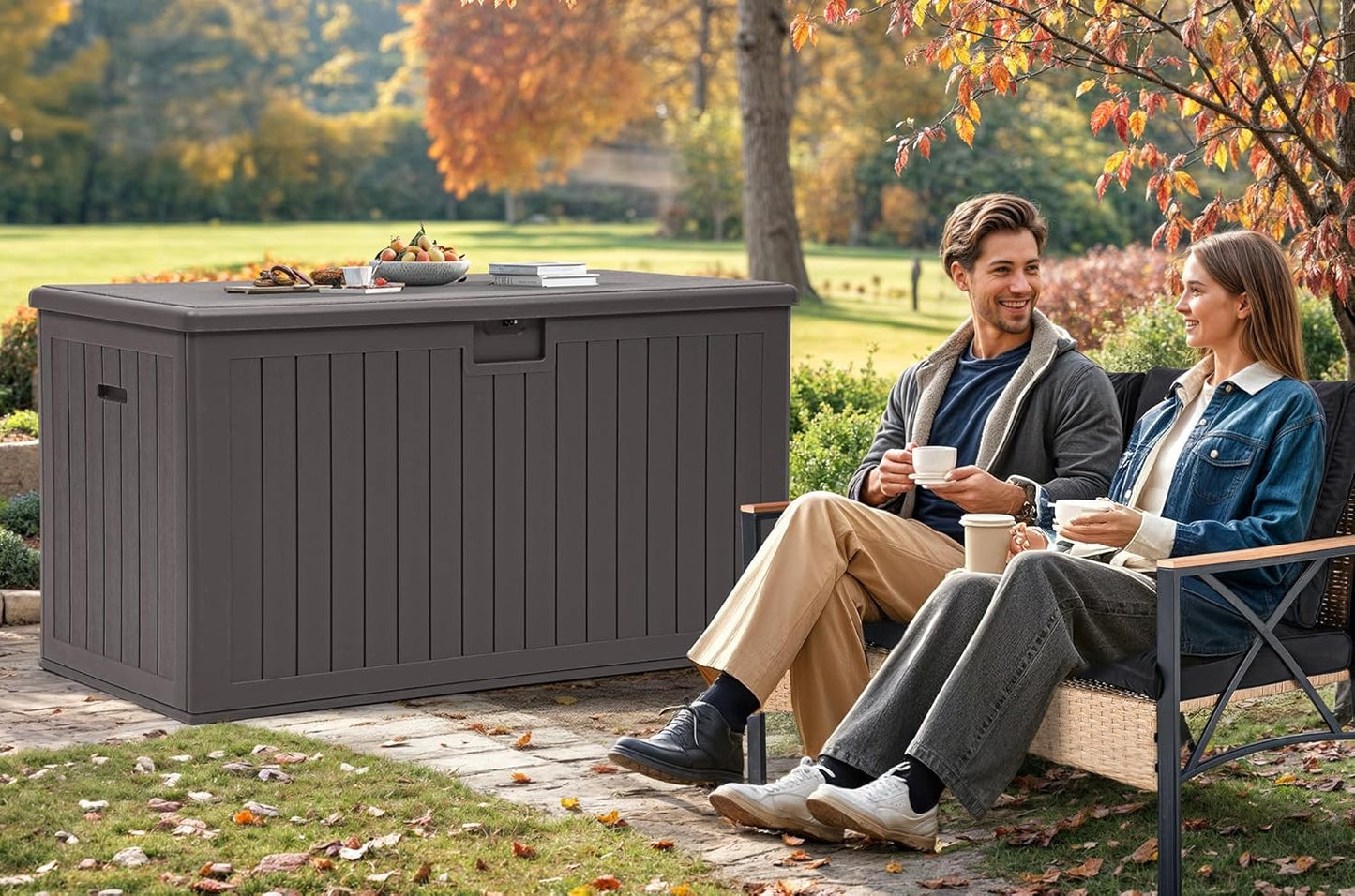 260 Gallon XXL Deck Box Outdoor Resin Lockable Water Resistant Storage Brown