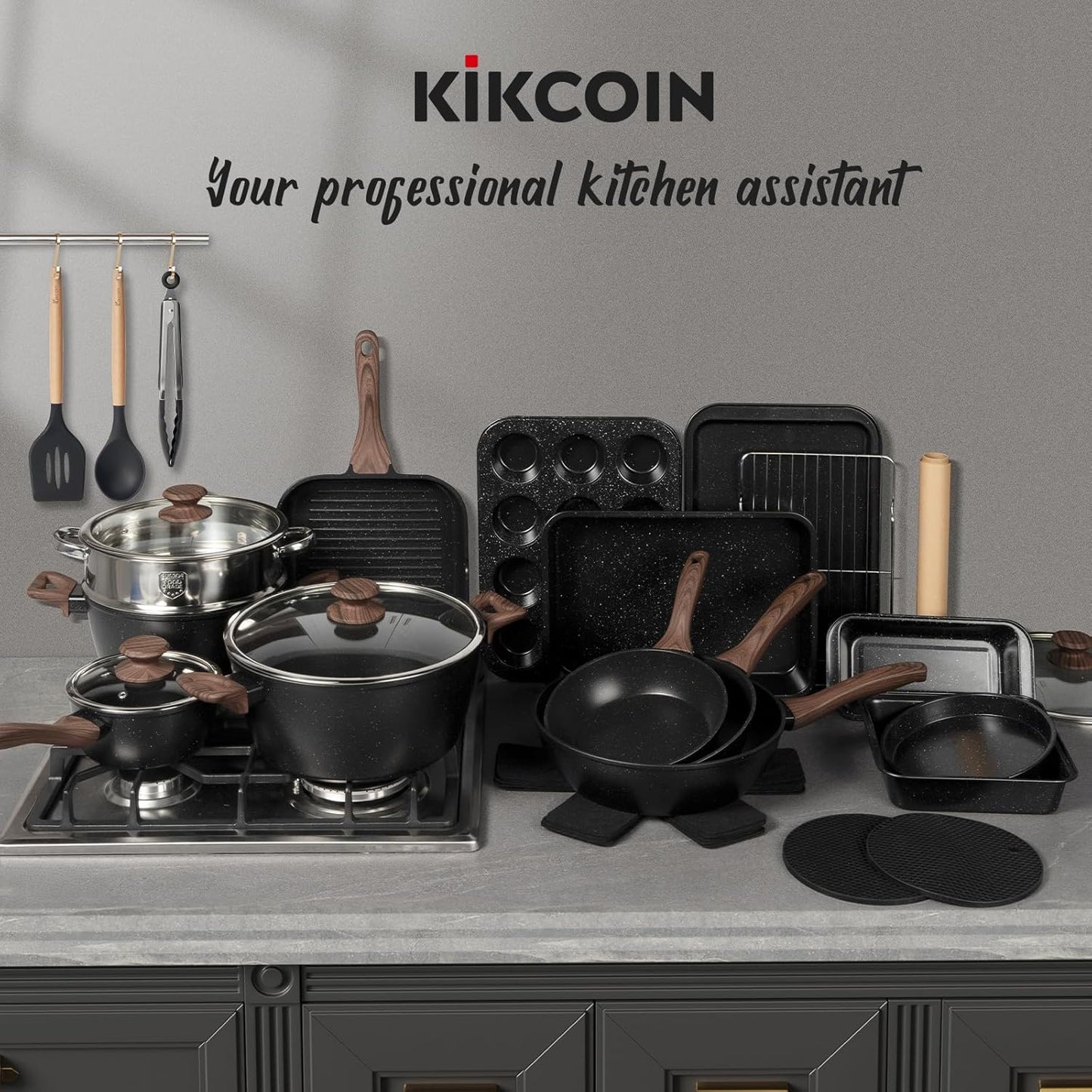 31 Piece Non Stick Pots and Pans Cookware Set with Grill Pan Saucepan and Utensils