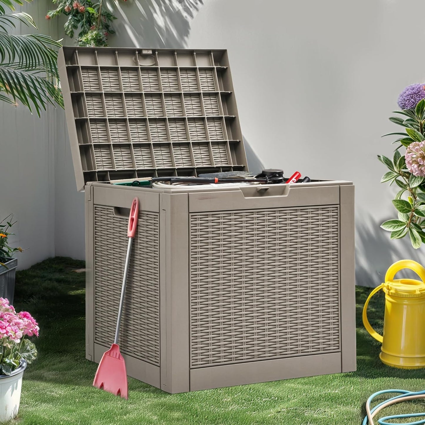 100 Gallon Resin Deck Box Weather Resistant Lockable Outdoor Storage Taupe