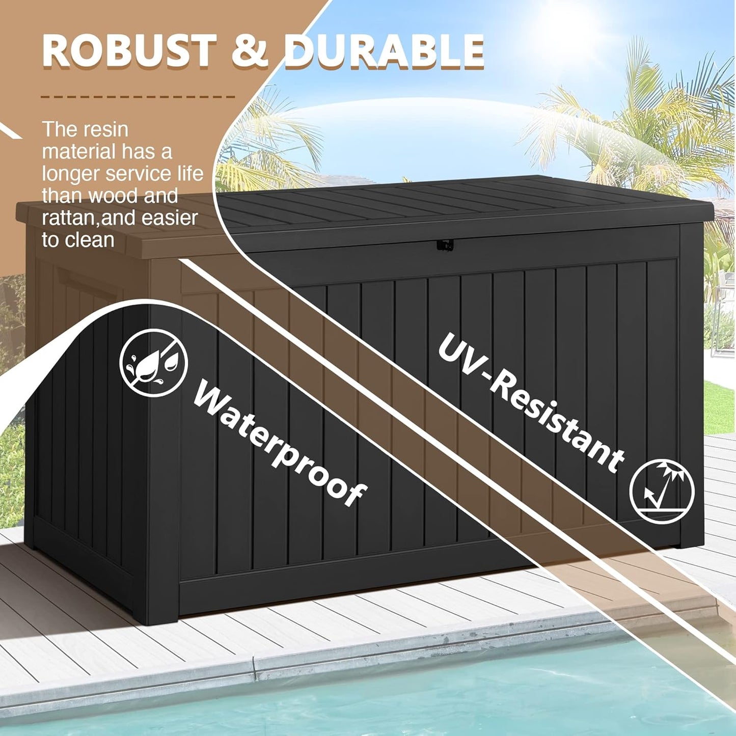 100 Gallon Large Resin Deck Box Waterproof Lockable Outdoor Storage Black