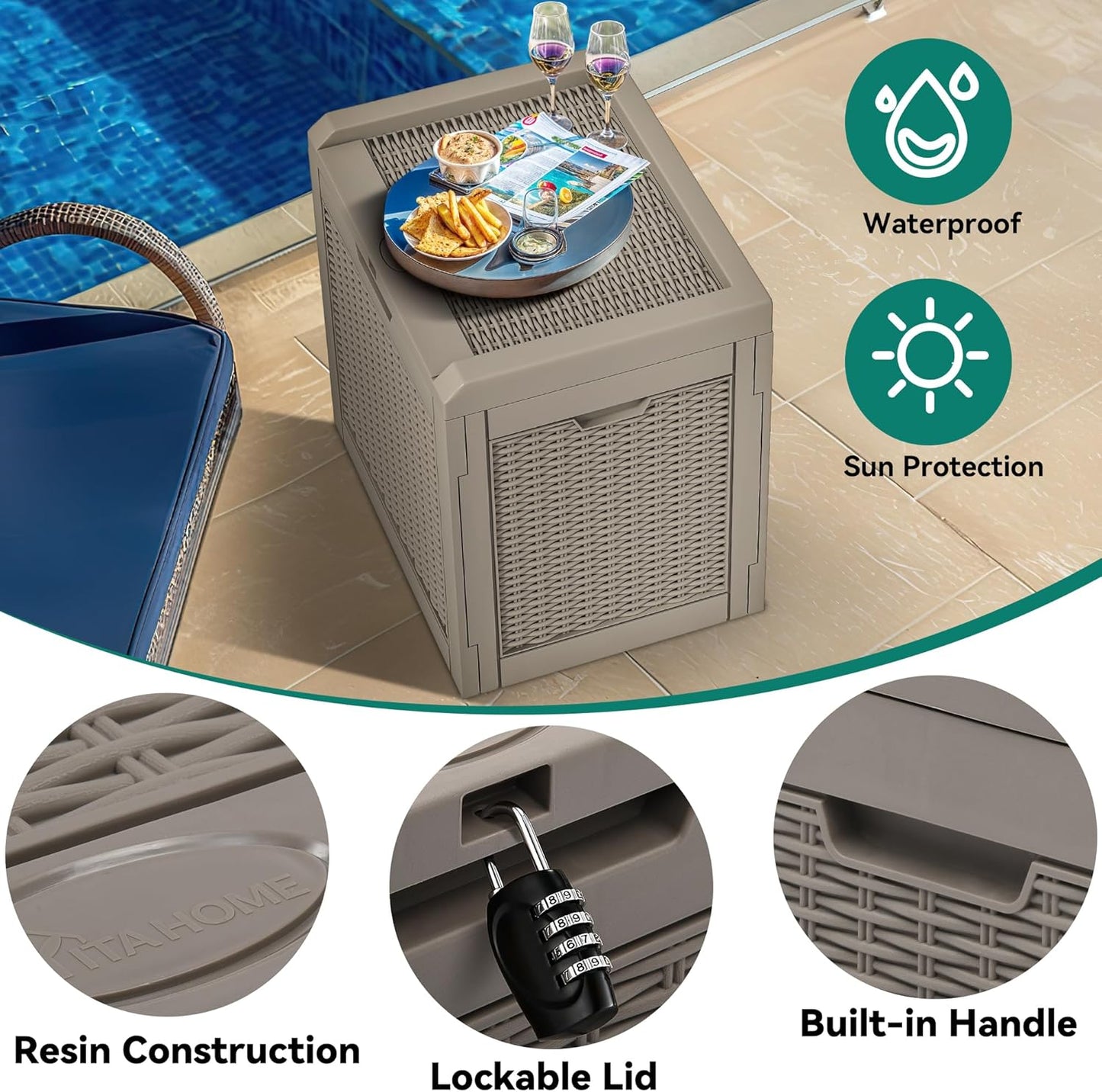100 Gallon Resin Deck Box Weather Resistant Lockable Outdoor Storage Taupe
