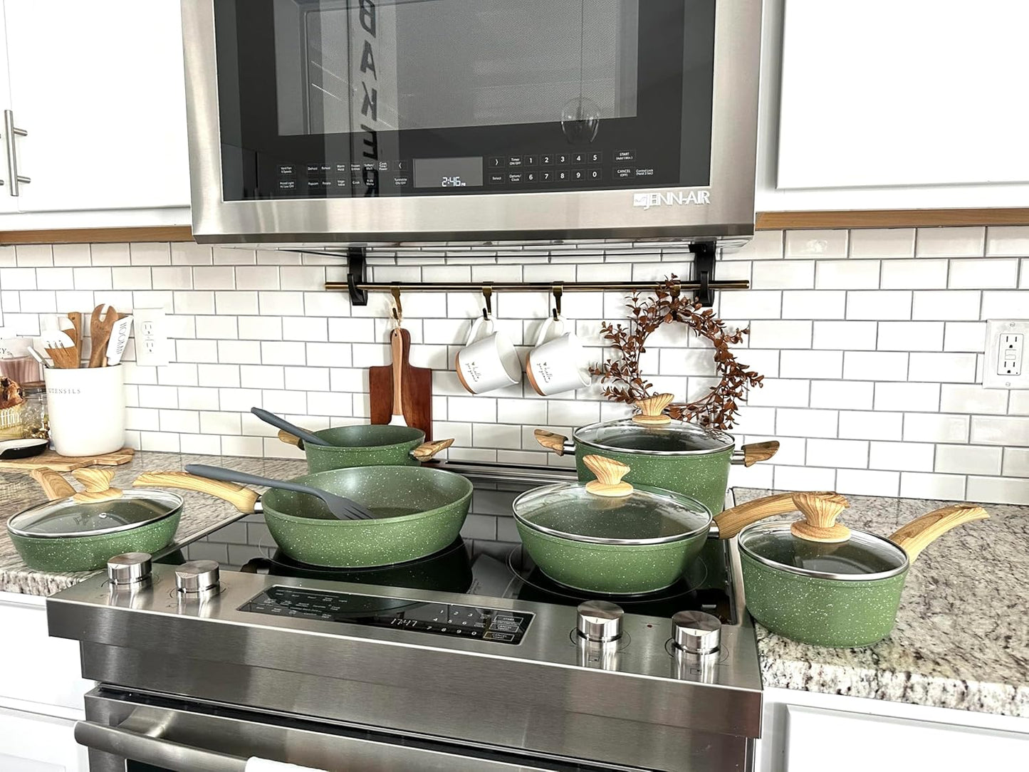 12 Piece Green Granite Nonstick Pots and Pans Set Induction Compatible Cookware