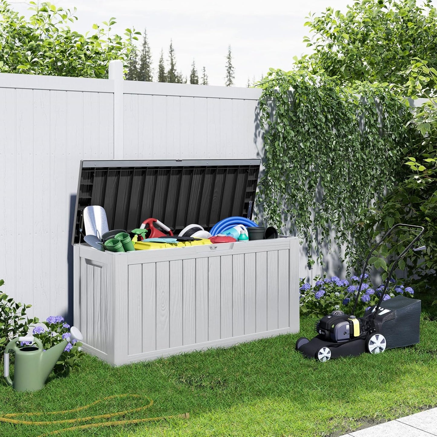 100 Gallon Resin Deck Box Lockable Waterproof Outdoor Storage Black
