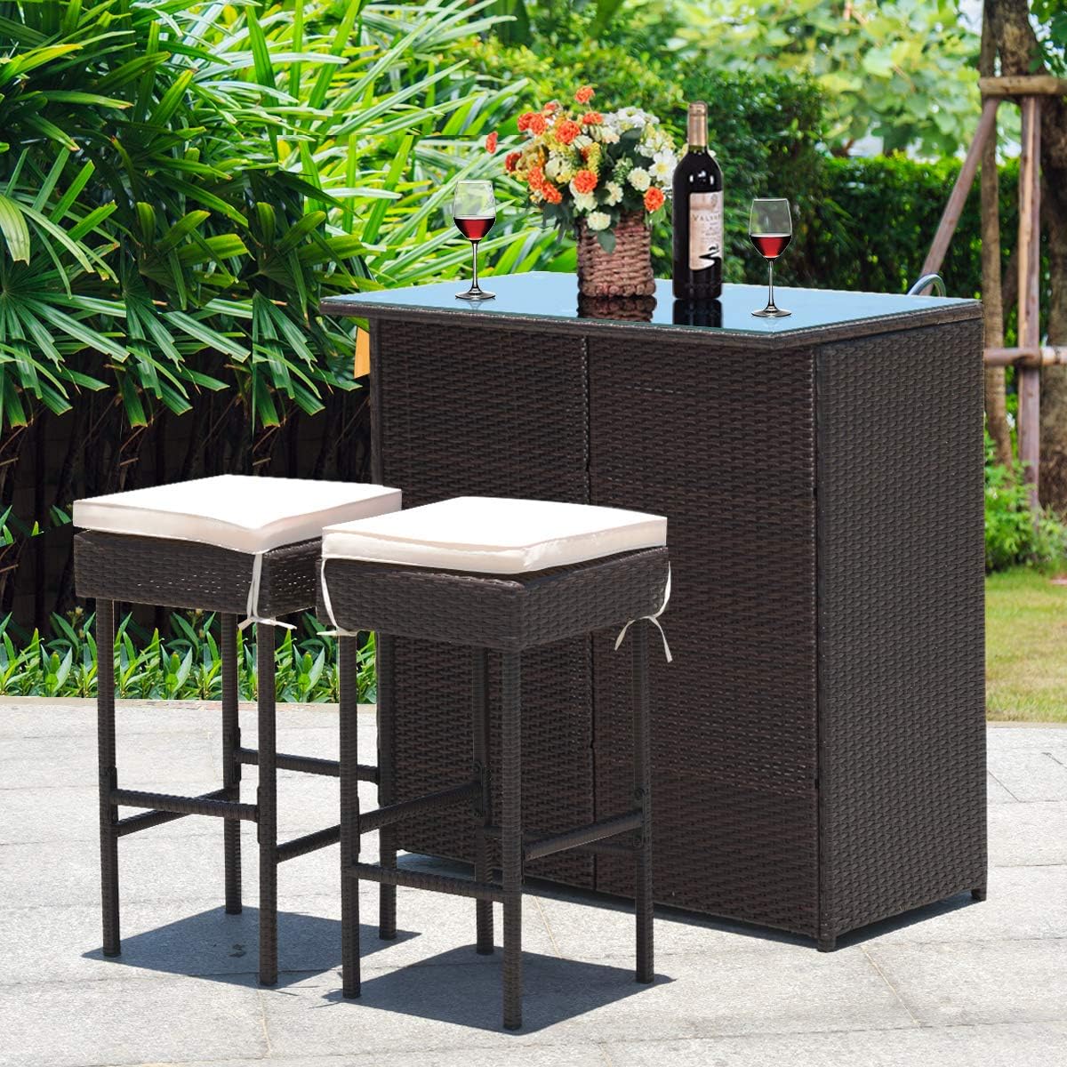 3 Piece Outdoor Rattan Bar Set with Glass Table Stools and Removable Cushions