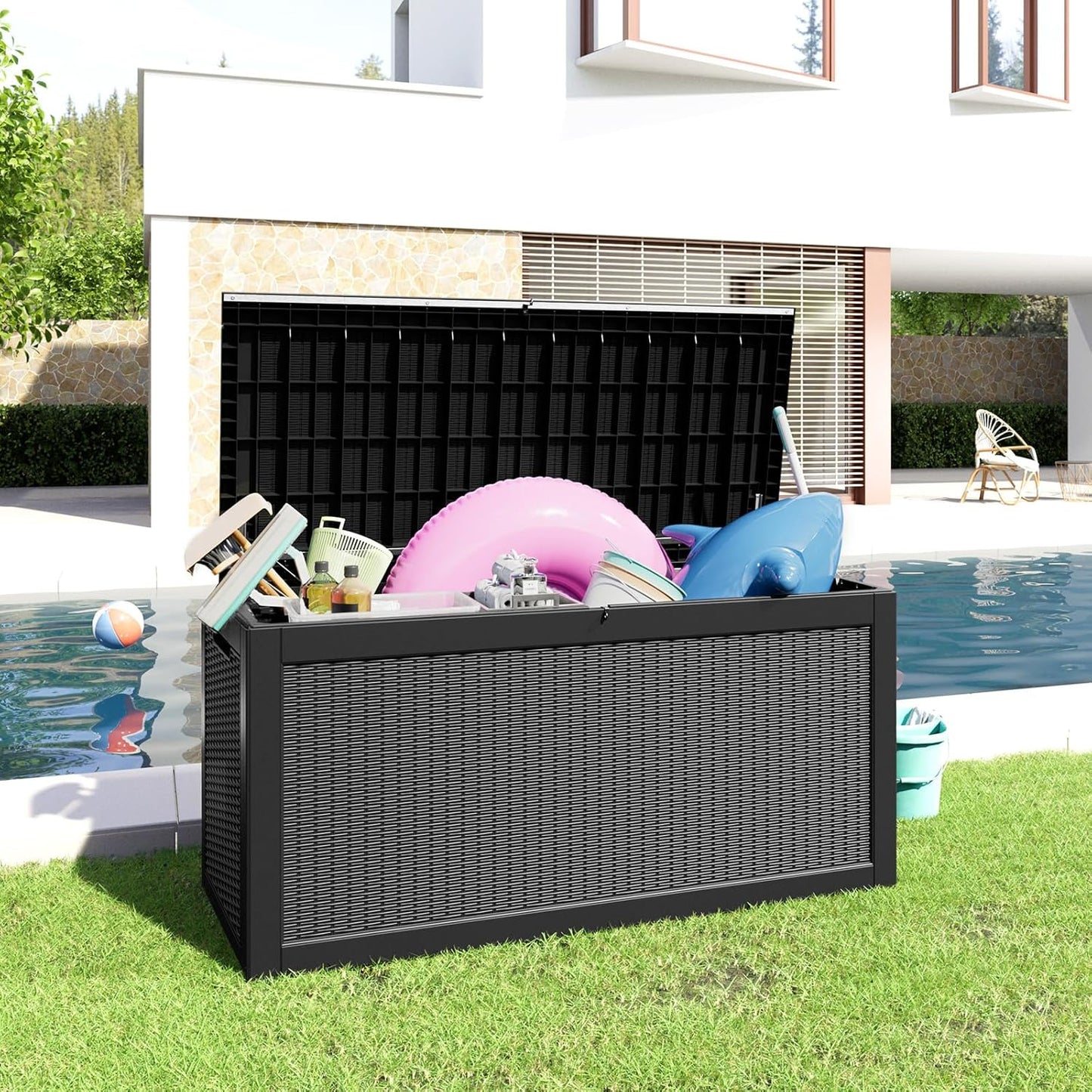 100 Gallon Resin Deck Box Lockable Waterproof Outdoor Storage Black
