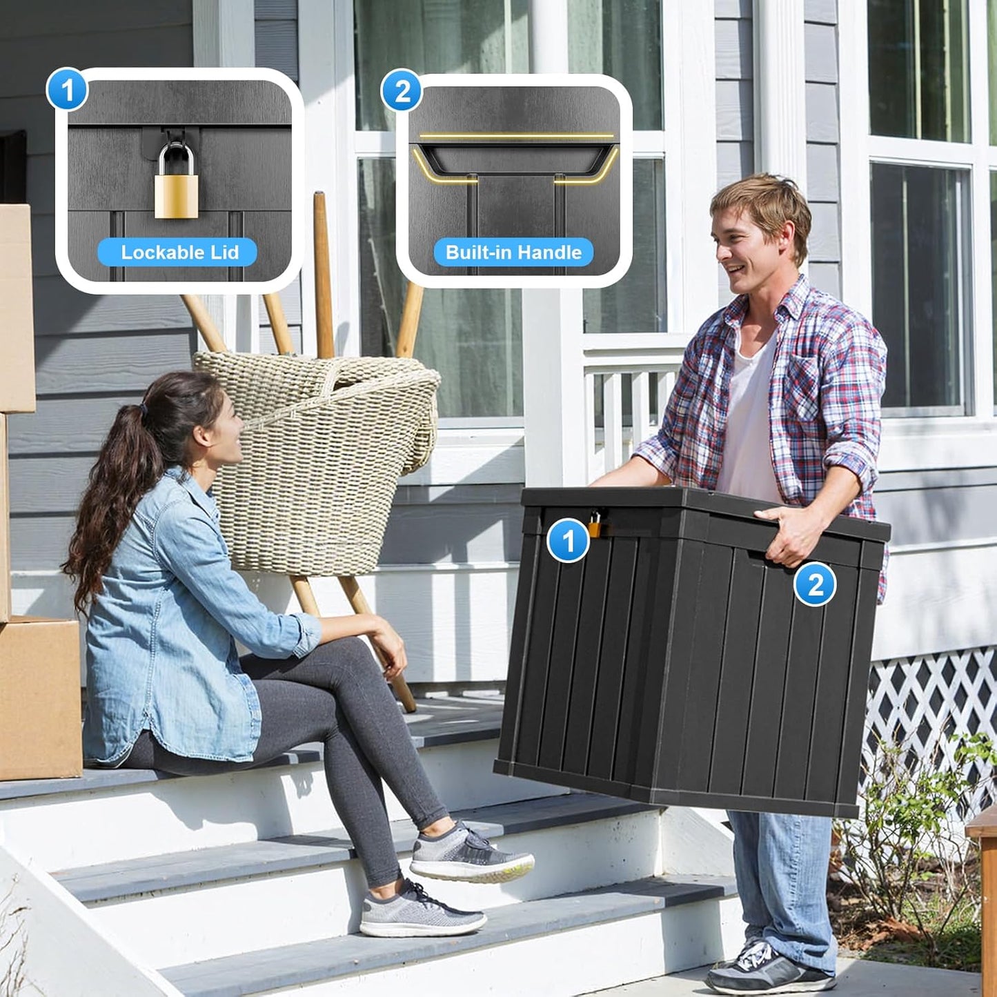 100 Gallon Resin Deck Box Lockable Waterproof Outdoor Storage Black