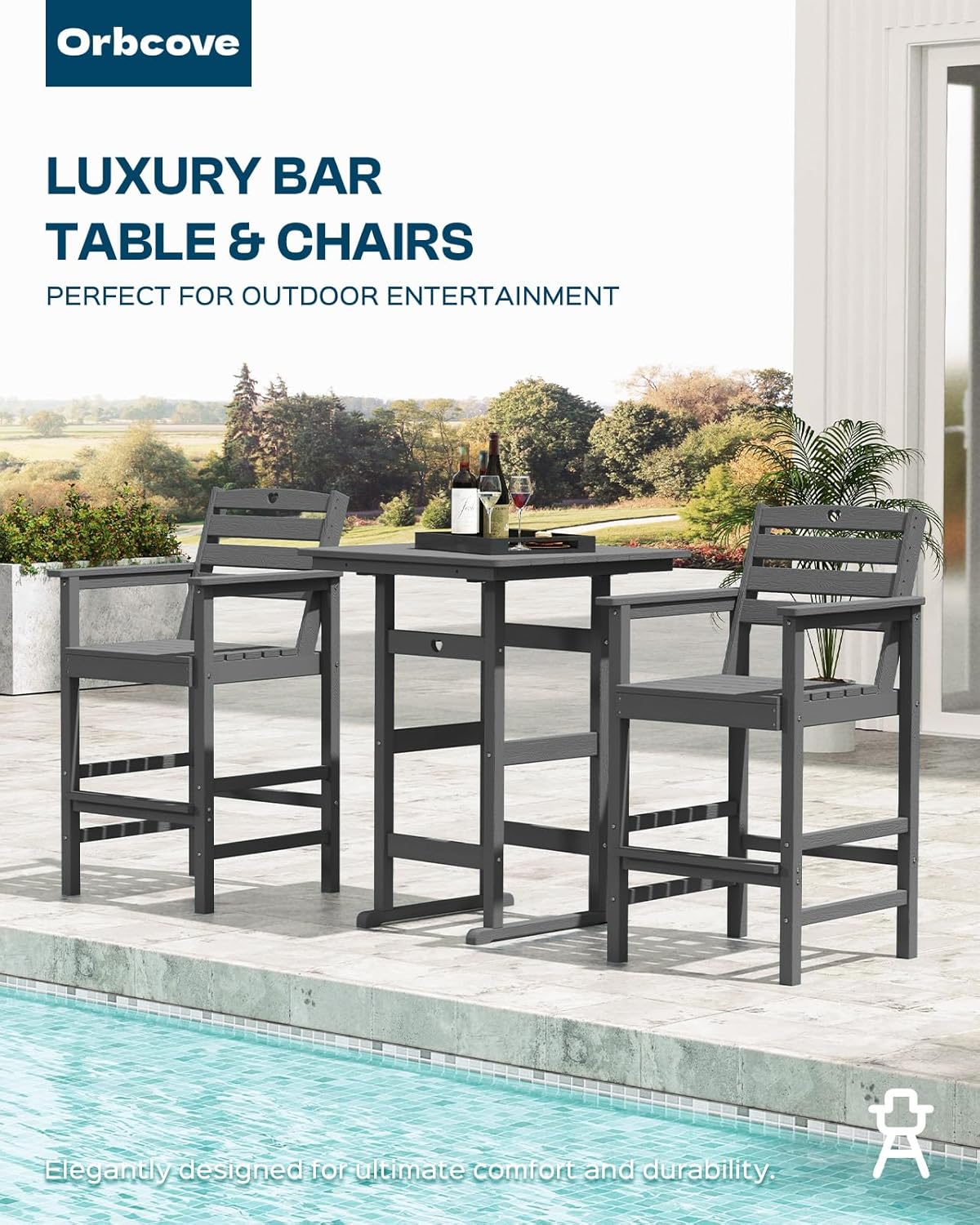 3 Piece Bar Height Patio Table and Chairs Set Weather Resistant HDPE Navy