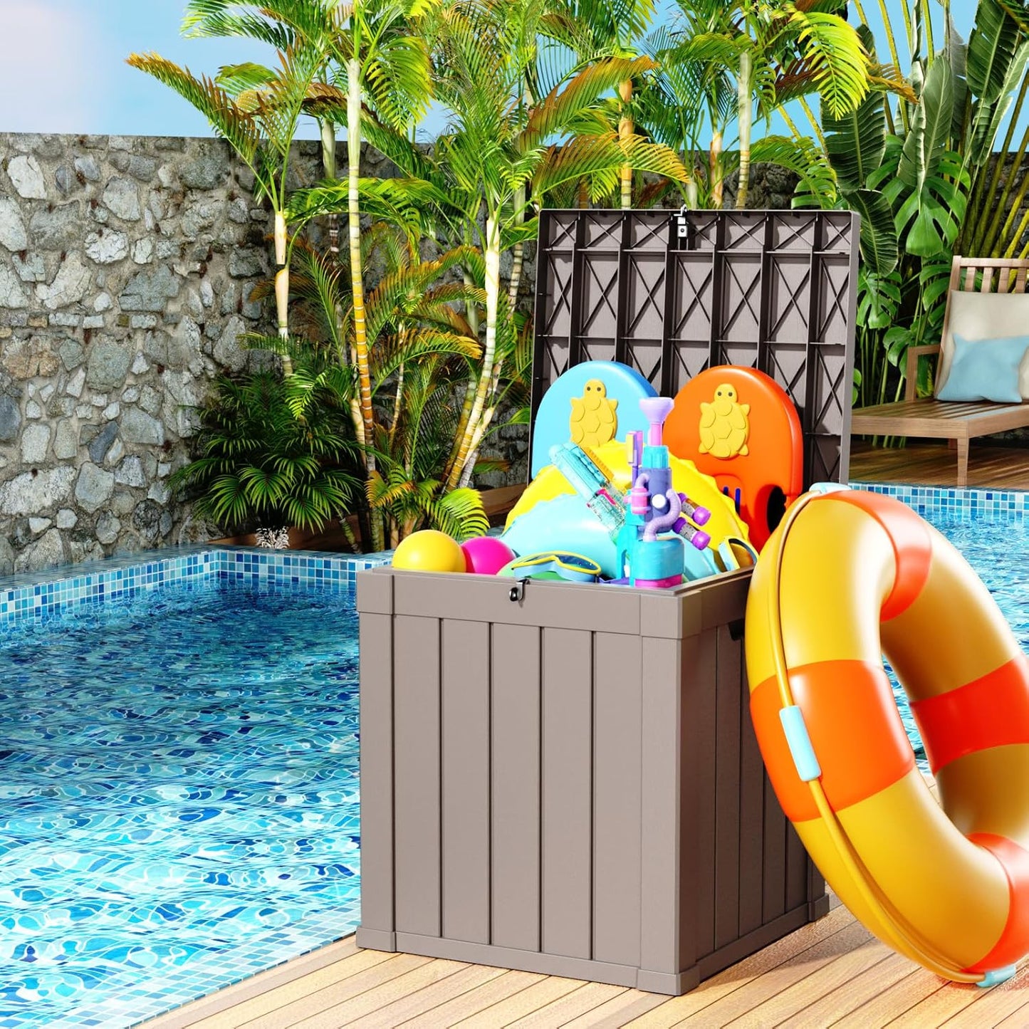100 Gallon Resin Deck Box Lockable Waterproof Outdoor Storage Black