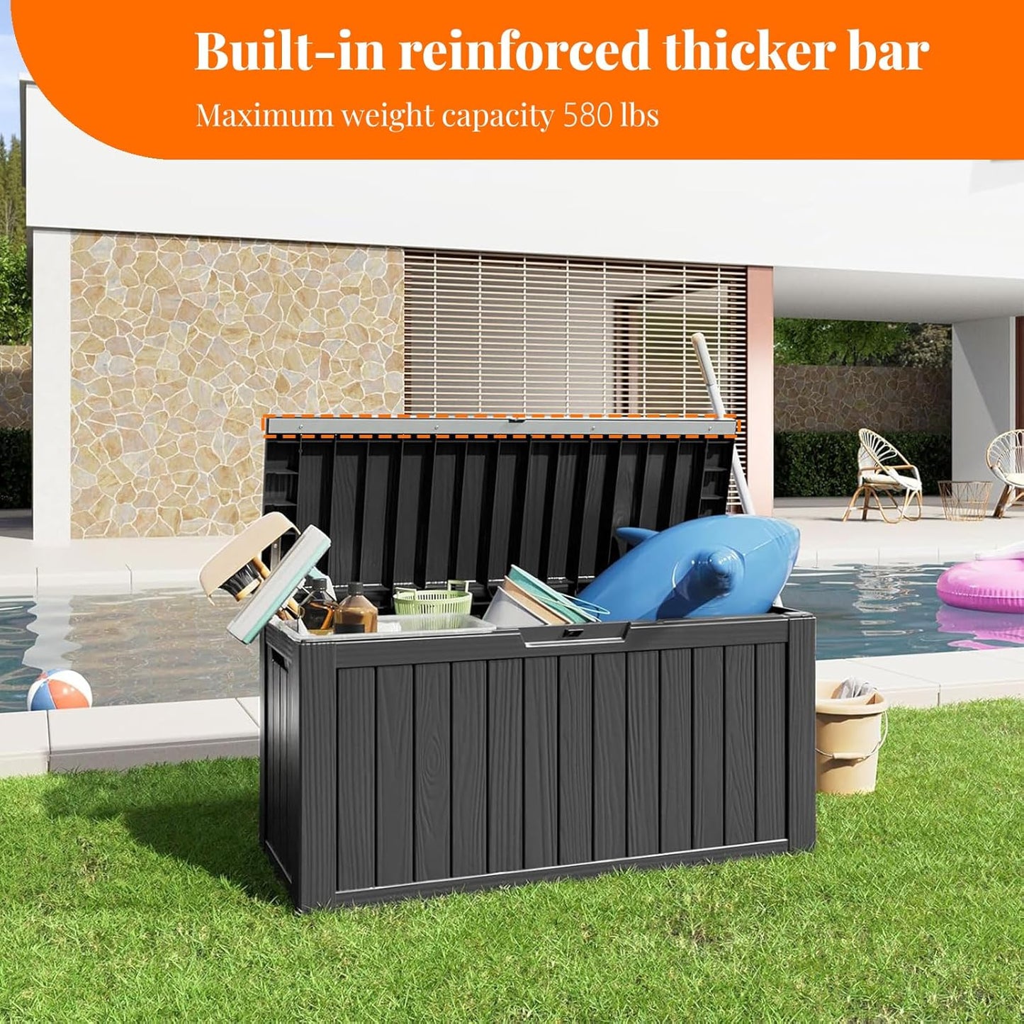 100 Gallon Resin Deck Box Lockable Waterproof Outdoor Storage Black