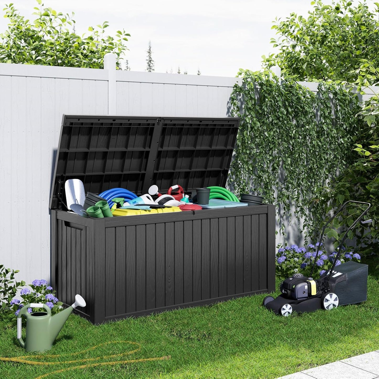 100 Gallon Resin Deck Box Lockable Waterproof Outdoor Storage Black