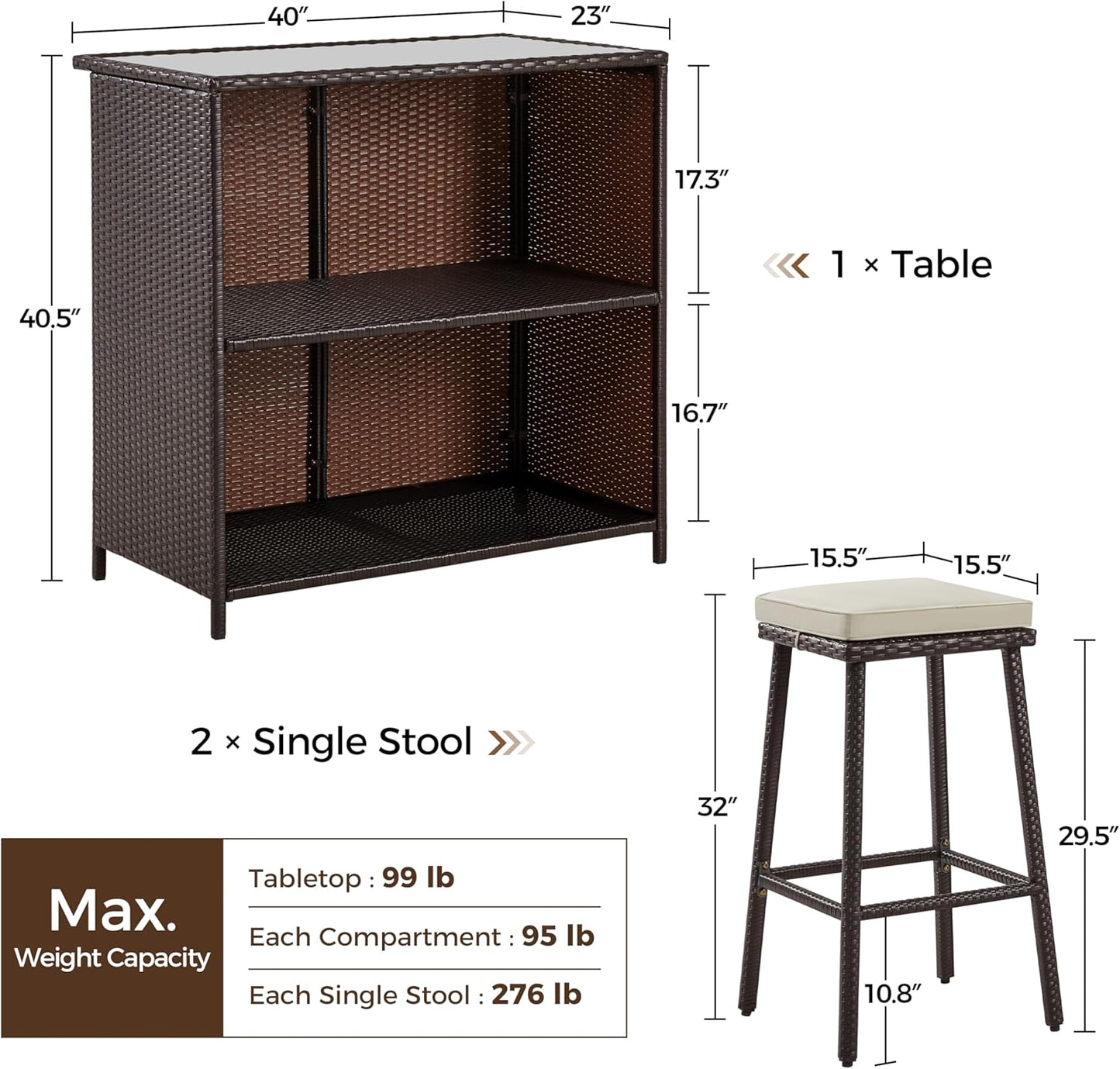 3 Piece Outdoor Wicker Bar Set with Glass Table Stools and Cushions Brown