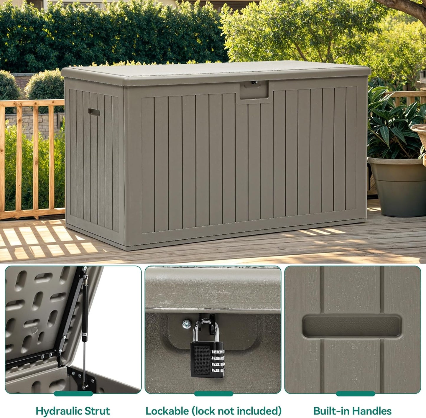 260 Gallon XXL Deck Box Outdoor Resin Lockable Water Resistant Storage Brown