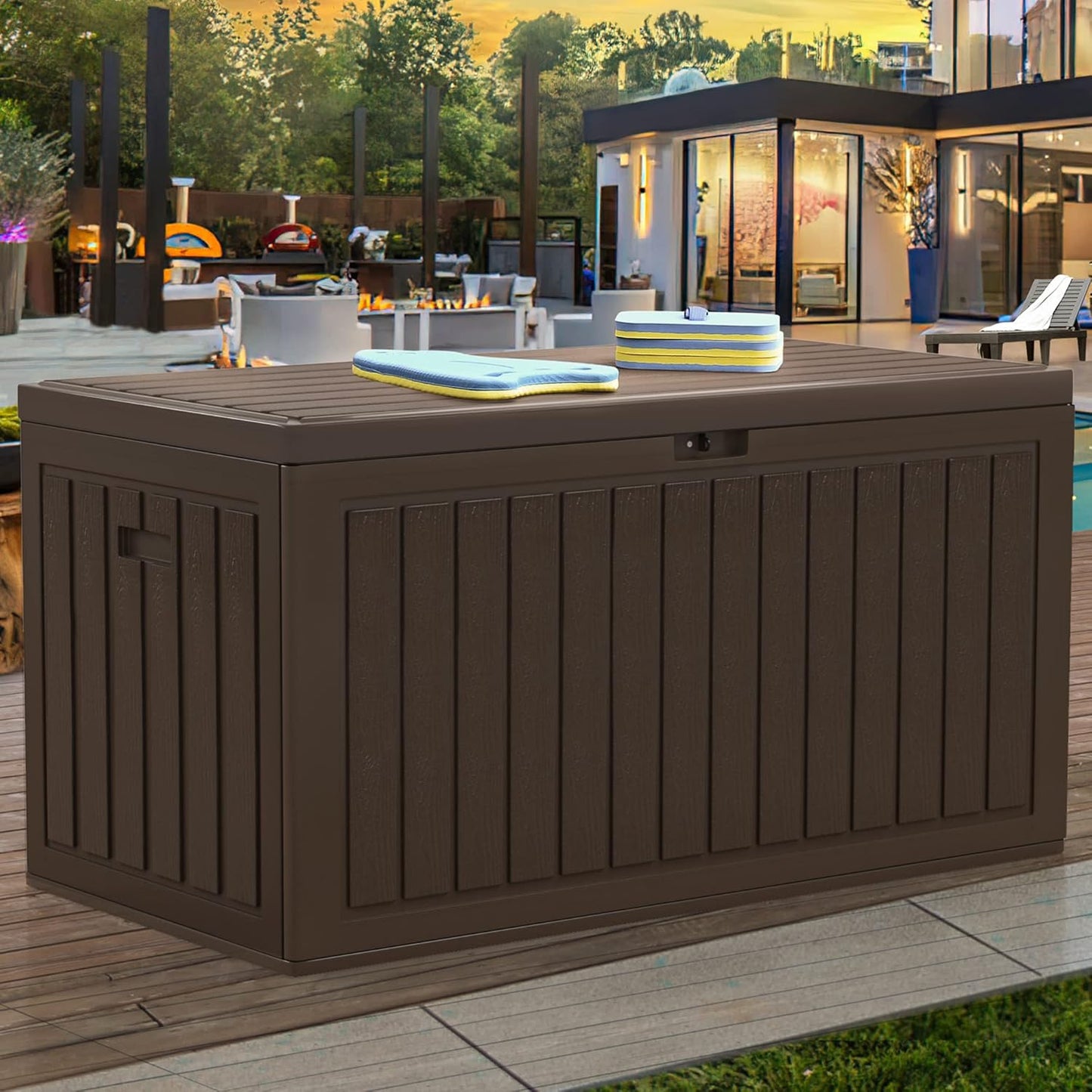 100 Gallon Resin Deck Box Weather Resistant Lockable Outdoor Storage Taupe