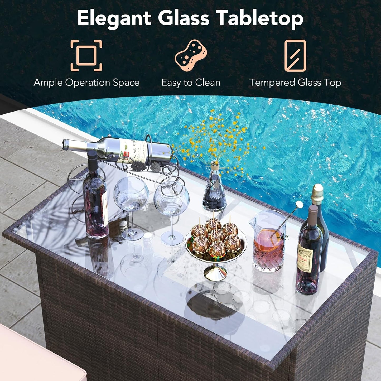 3 Piece Outdoor Rattan Bar Set with Glass Table Stools and Removable Cushions
