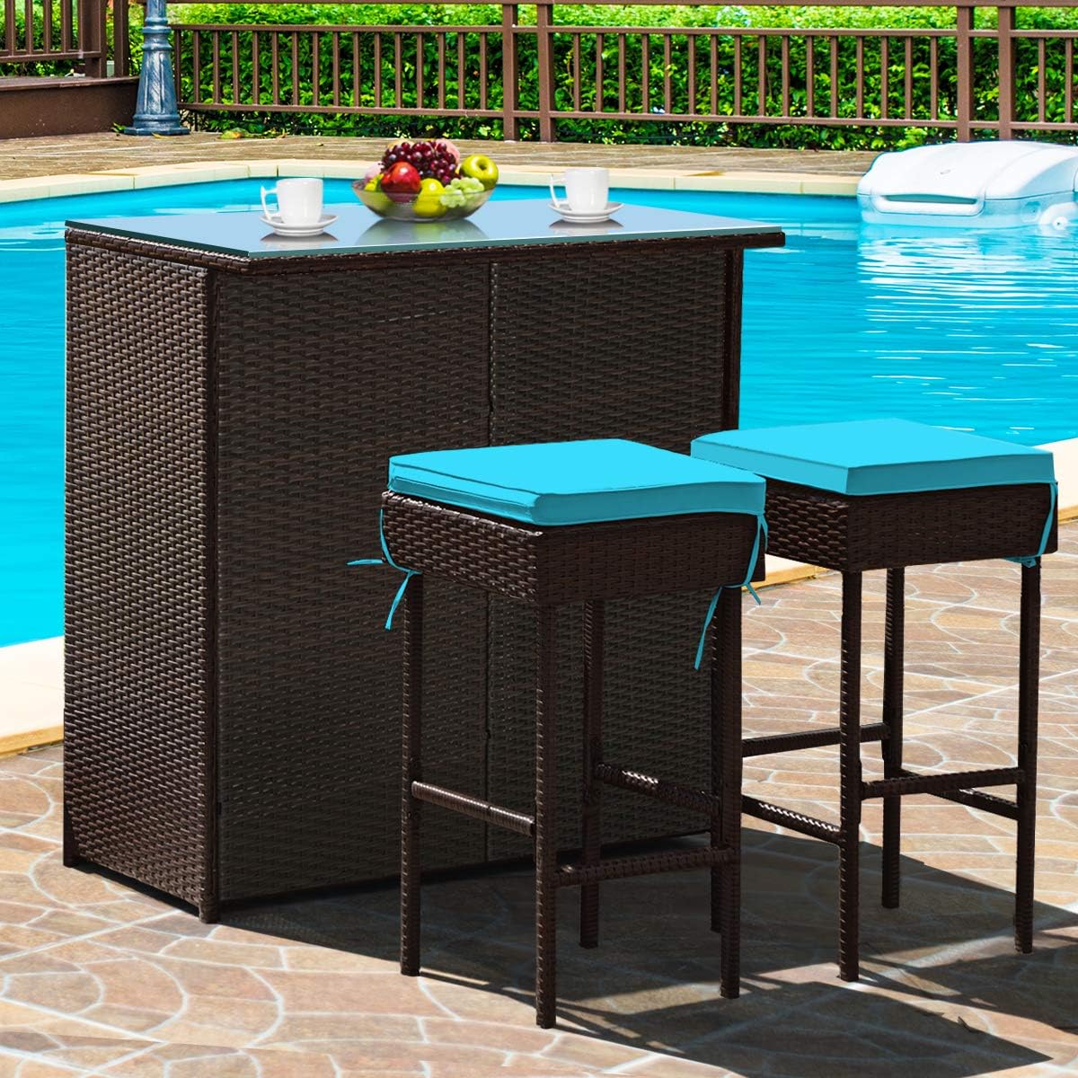 3 Piece Outdoor Rattan Bar Set with Glass Table Stools and Removable Cushions
