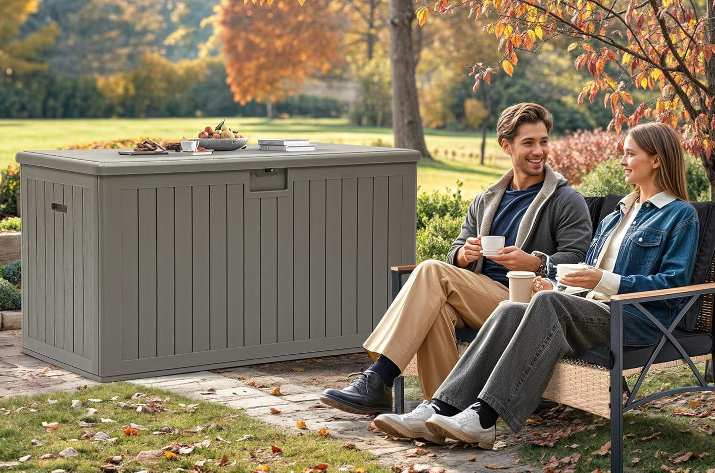 260 Gallon XXL Deck Box Outdoor Resin Lockable Water Resistant Storage Brown