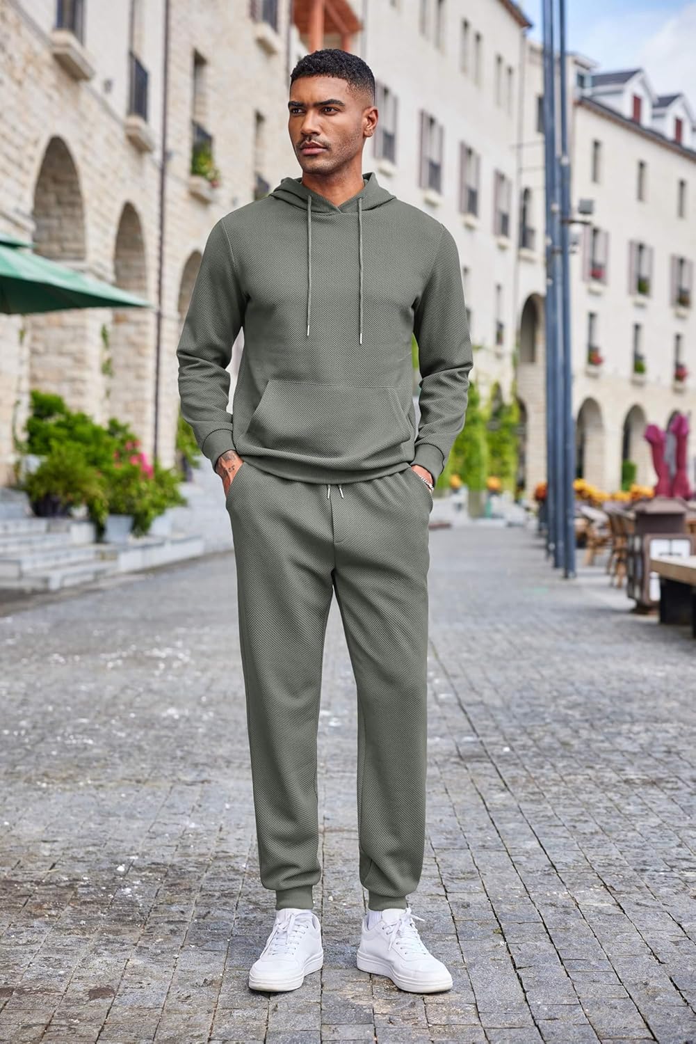 Men's Tracksuits 2 Pieces Waffle Hoodies Jogging Suit Set